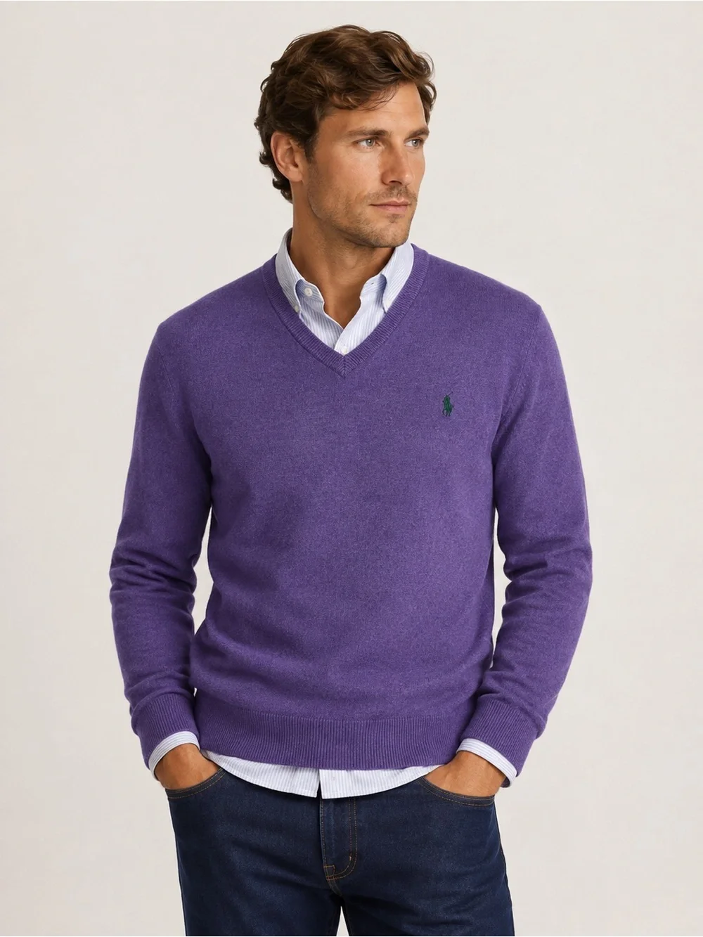 Polo Ralph Lauren Mens XL Purple 100% Merino Wool V-Neck Sweater Y2K preppy
